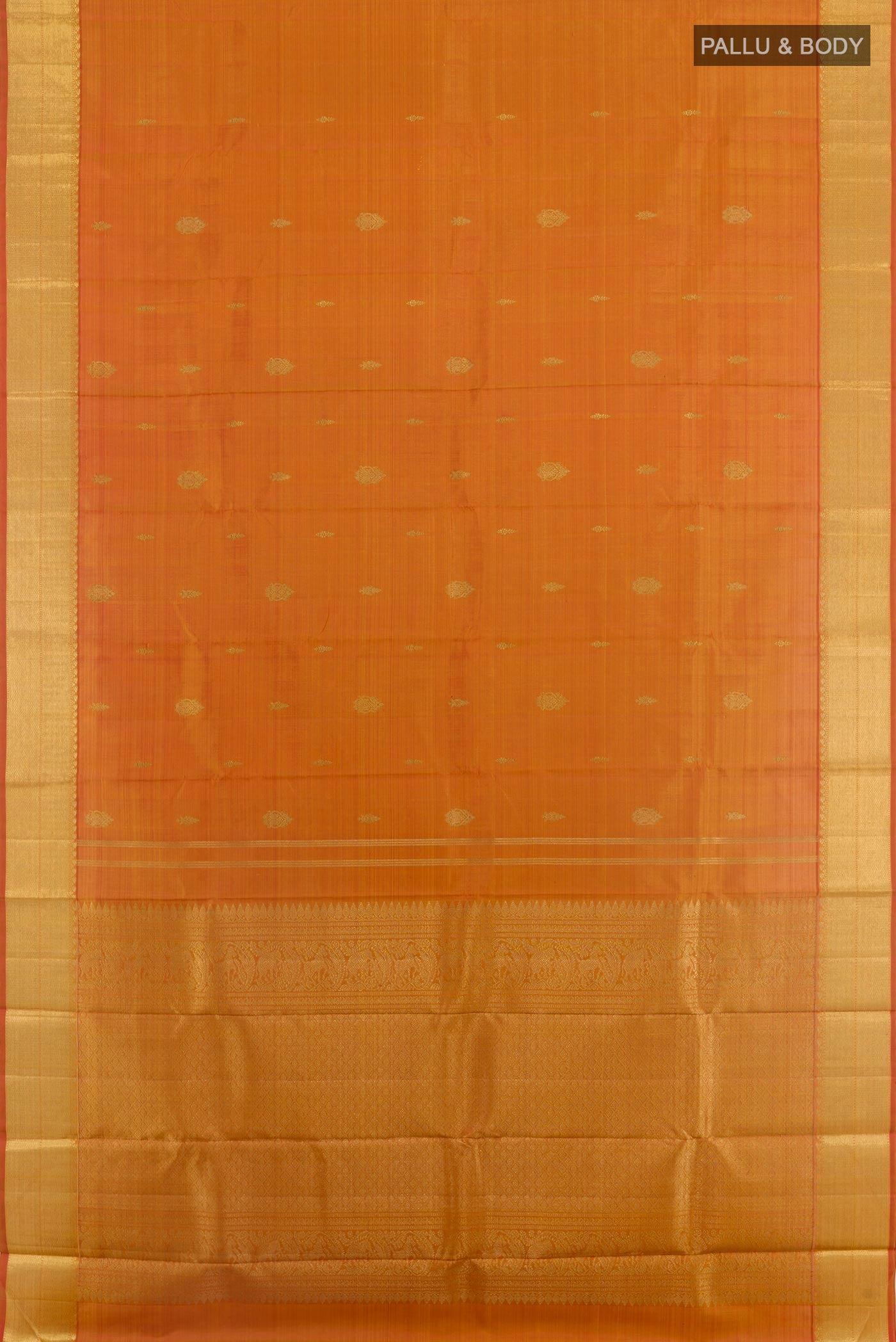Flat view of Peach Kanjivaram Silk Saree with Zari Brocade on the body and Zari Border. 