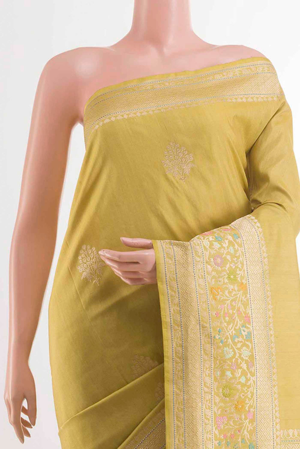Border image of Lemon Yellow Banarasi Silk Saree with Zari Brocade on the body and Zari Border