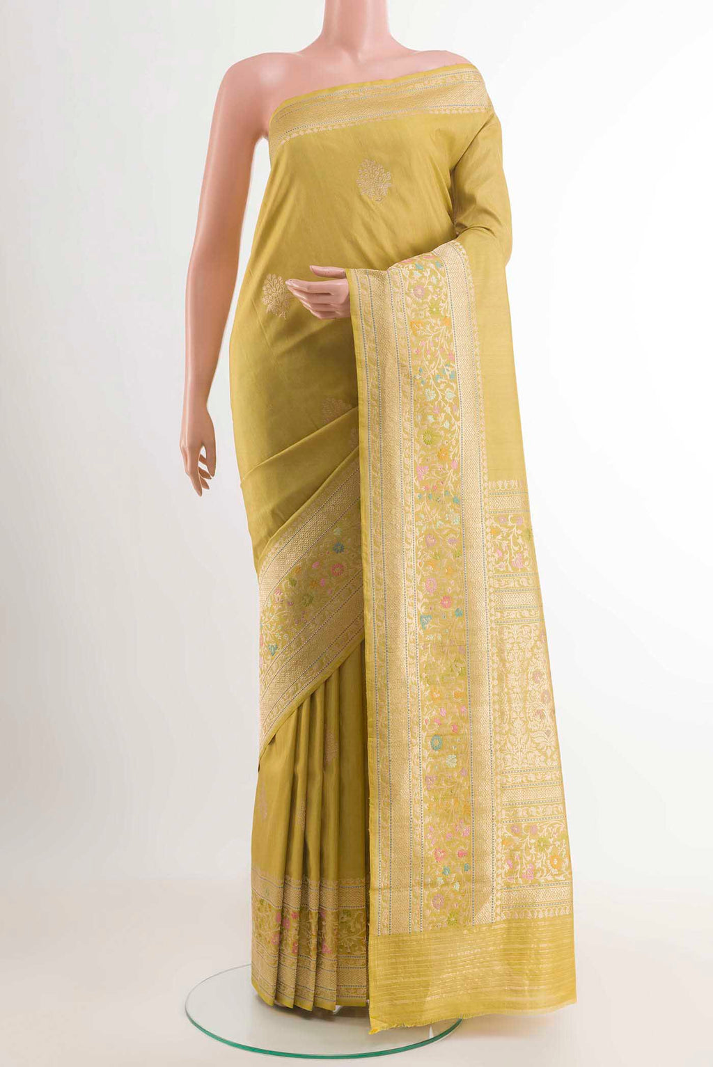 Lemon Yellow Banarasi Silk Saree with Zari Brocade on the body and Zari Border displayed on a mannequin