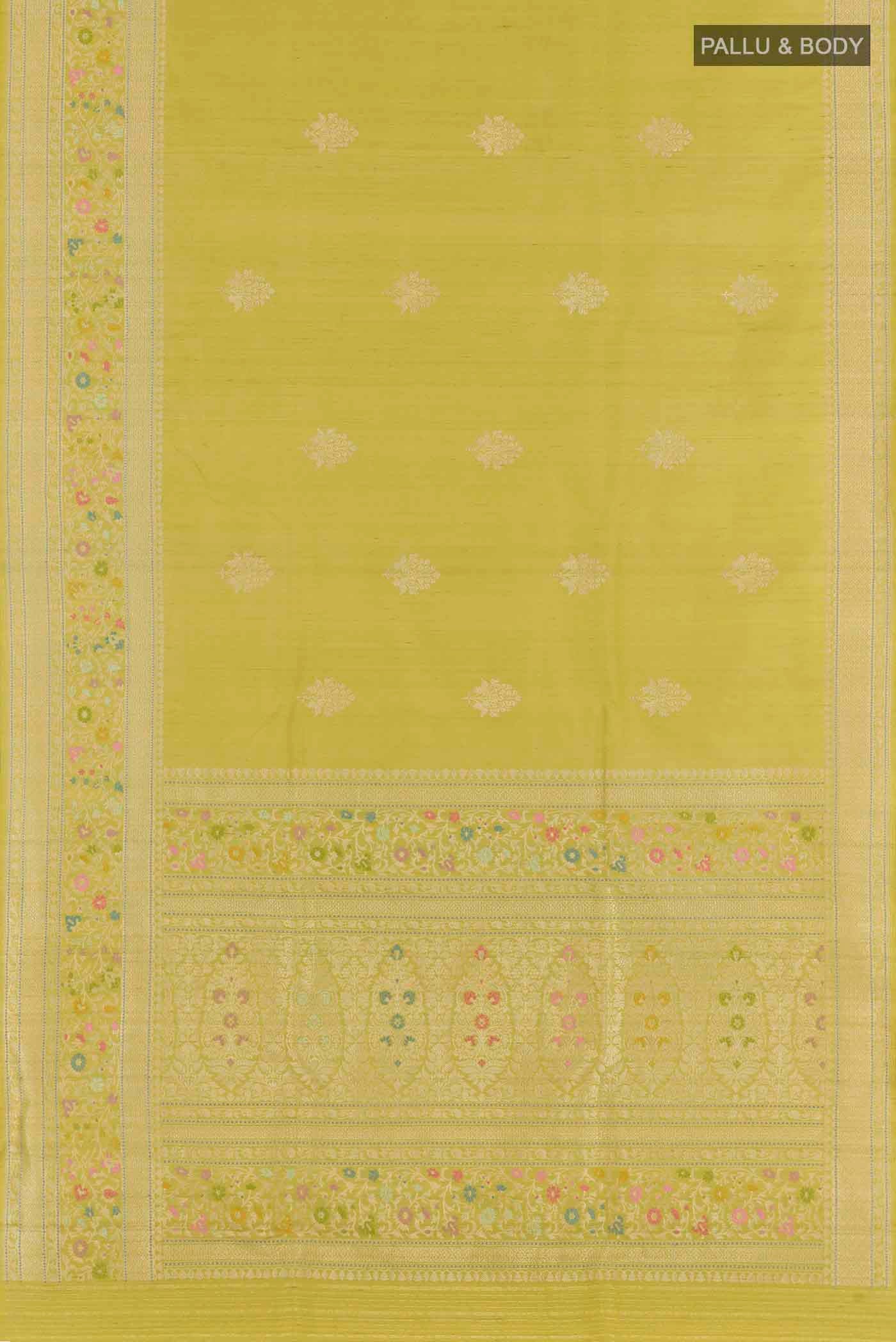 Flat view of Lemon Yellow Banarasi Silk Saree with Zari Brocade on the body and Zari Border