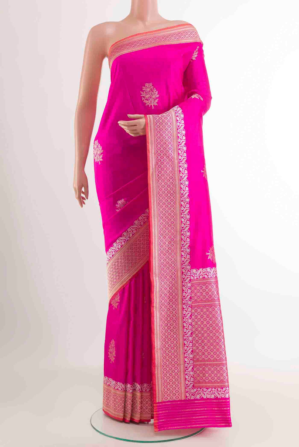 Pink Banarasi Silk Saree with Zari Butta on the body and Zari Border displayed on a mannequin