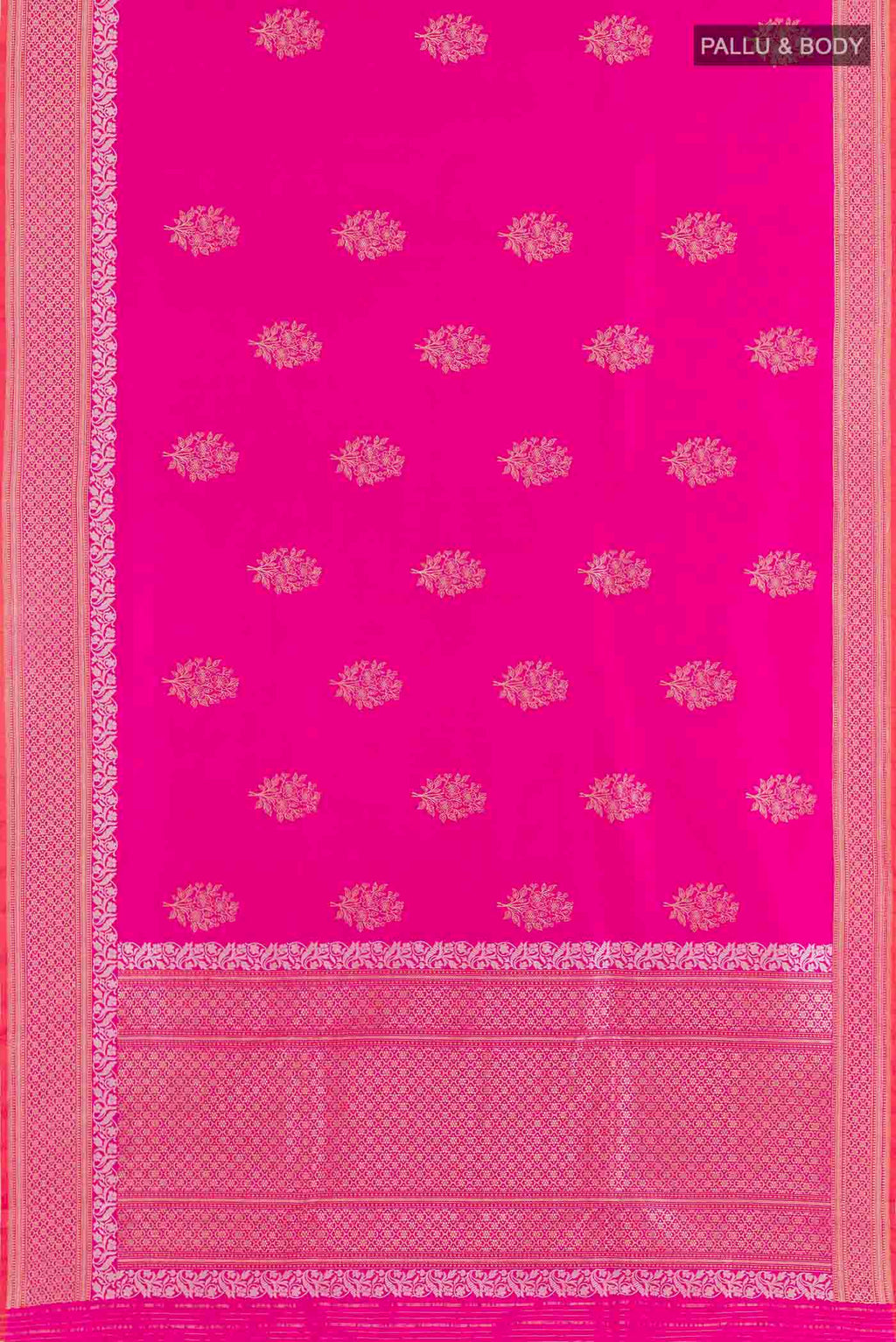 Flat view of Pink Banarasi Silk Saree with Zari Butta on the body and Zari Border