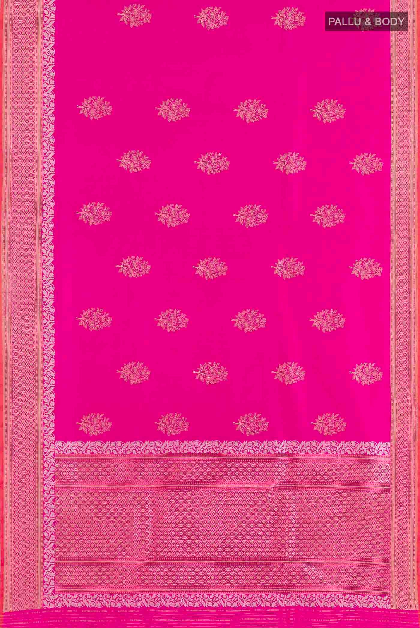 Flat view of Pink Banarasi Silk Saree with Zari Butta on the body and Zari Border