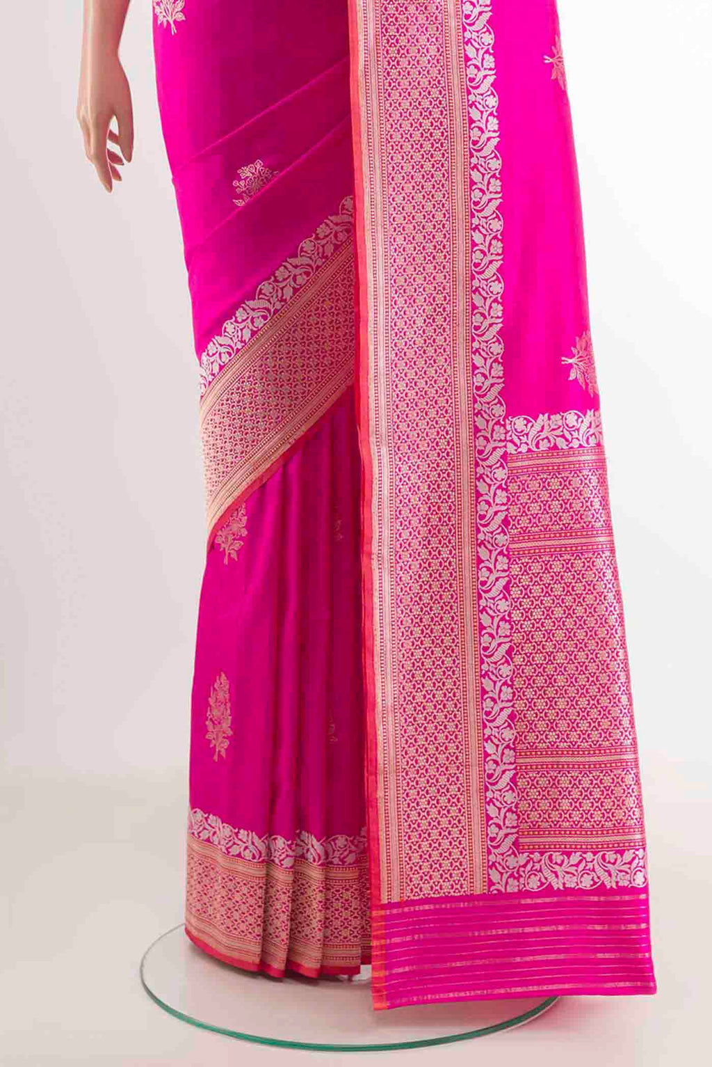 Pleats and pallu of Pink Banarasi Silk Saree with Zari Butta on the body and Zari Border
