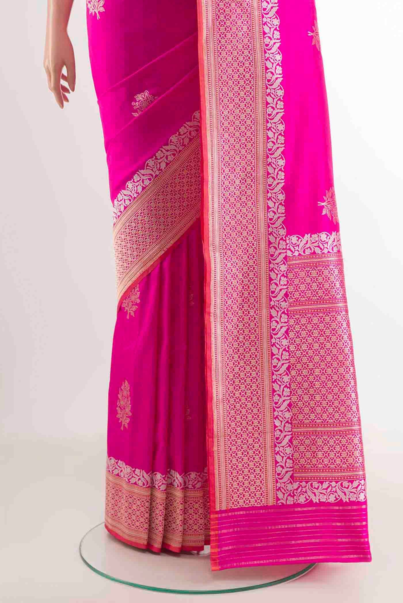 Pleats and pallu of Pink Banarasi Silk Saree with Zari Butta on the body and Zari Border