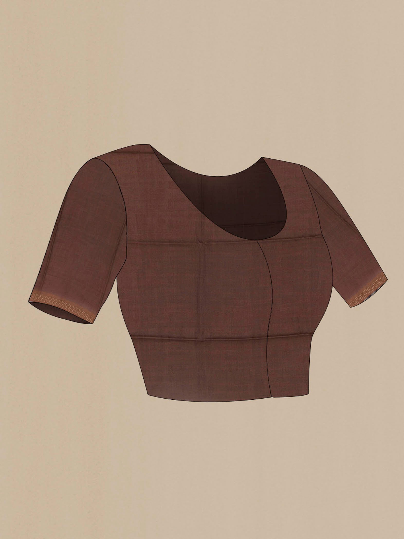 Close up image of the blouse of Brown Tussar Silk Saree with Zig Zag design on the body and Embroidery Border