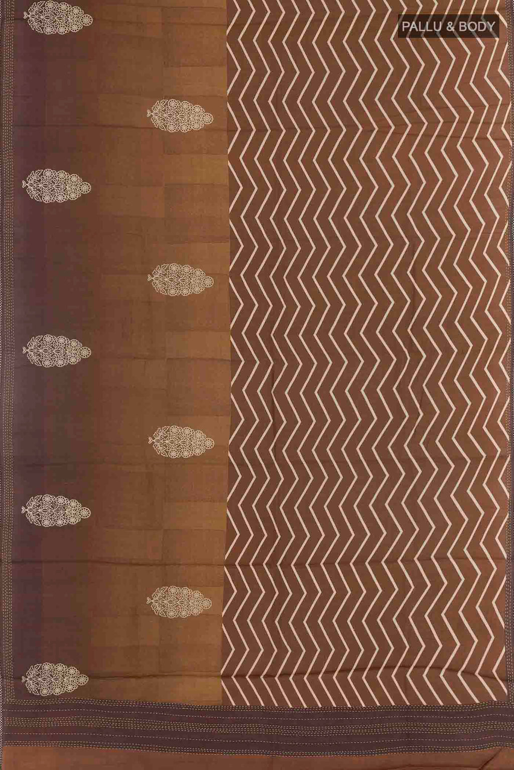 Flat view of Brown Tussar Silk Saree with Zig Zag design on the body and Embroidery Border