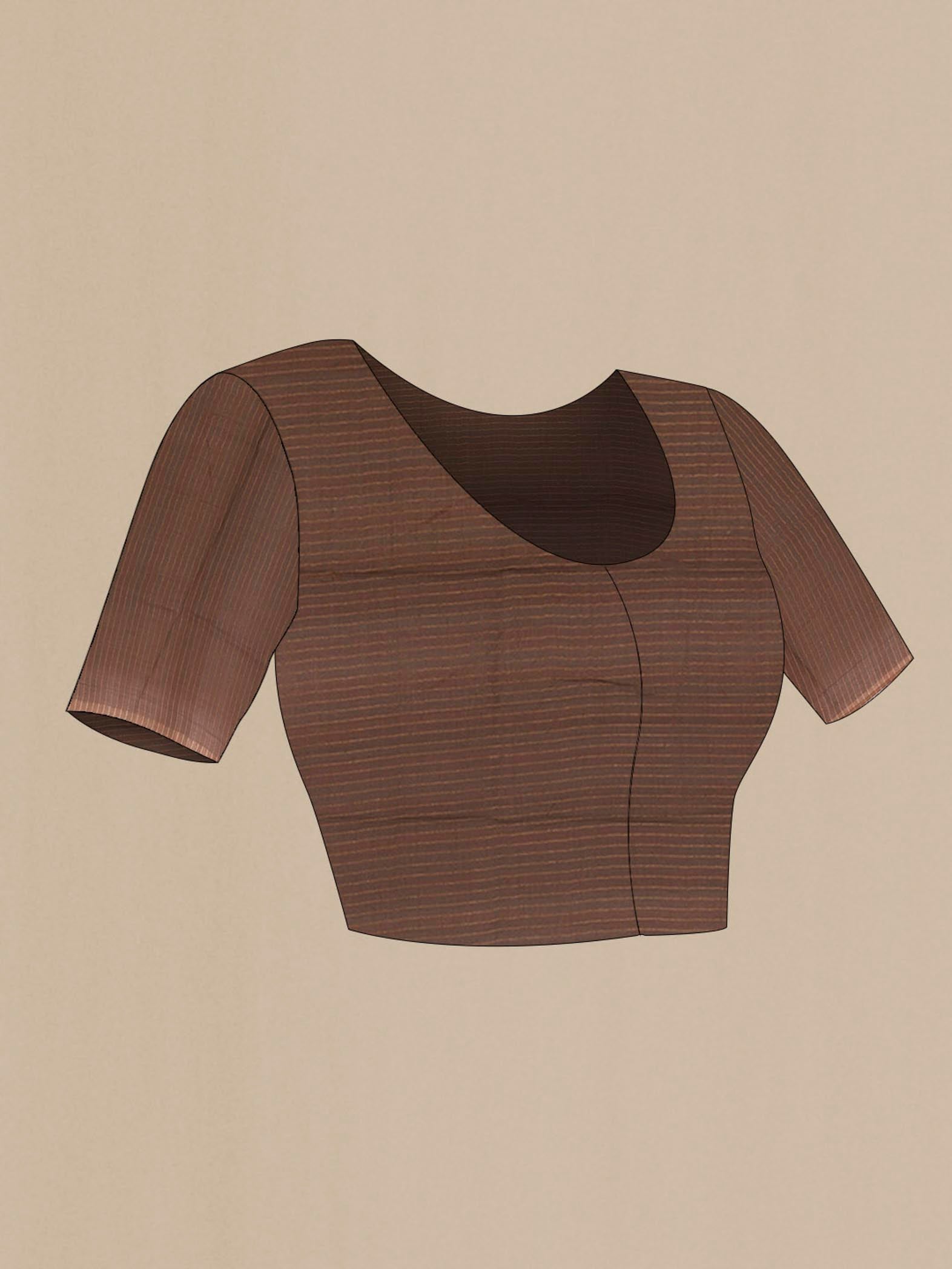 Close up image of the blouse of Brown Tussar Silk Saree with Zig Zag design on the body and Zari Border