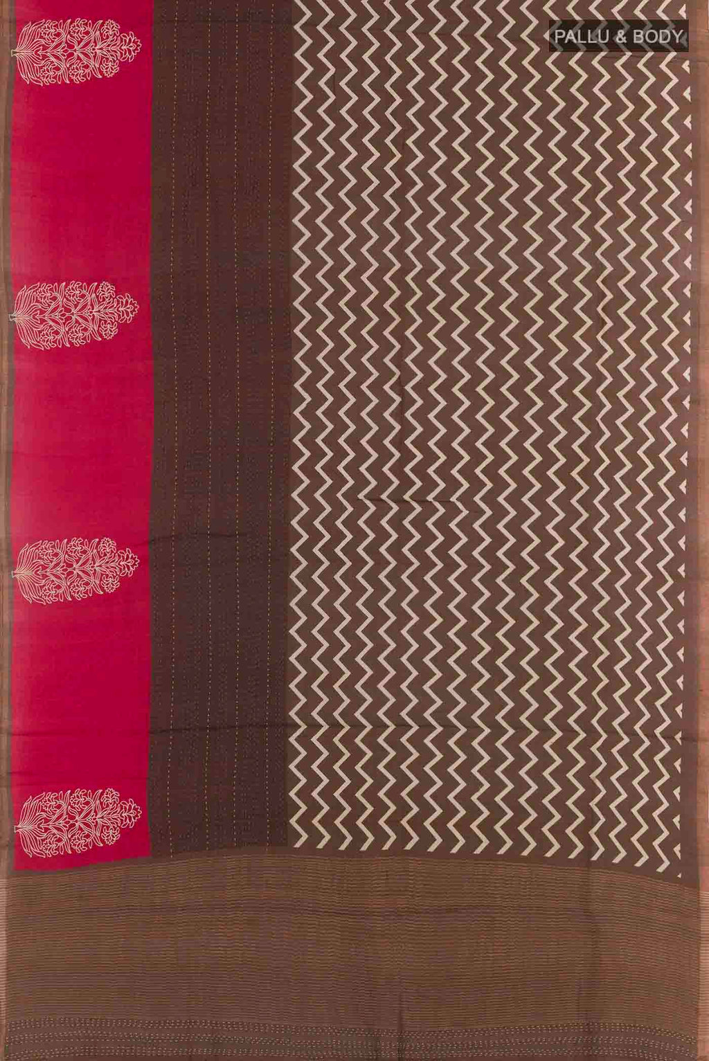 Flat view of Brown Tussar Silk Saree with Zig Zag design on the body and Zari Border