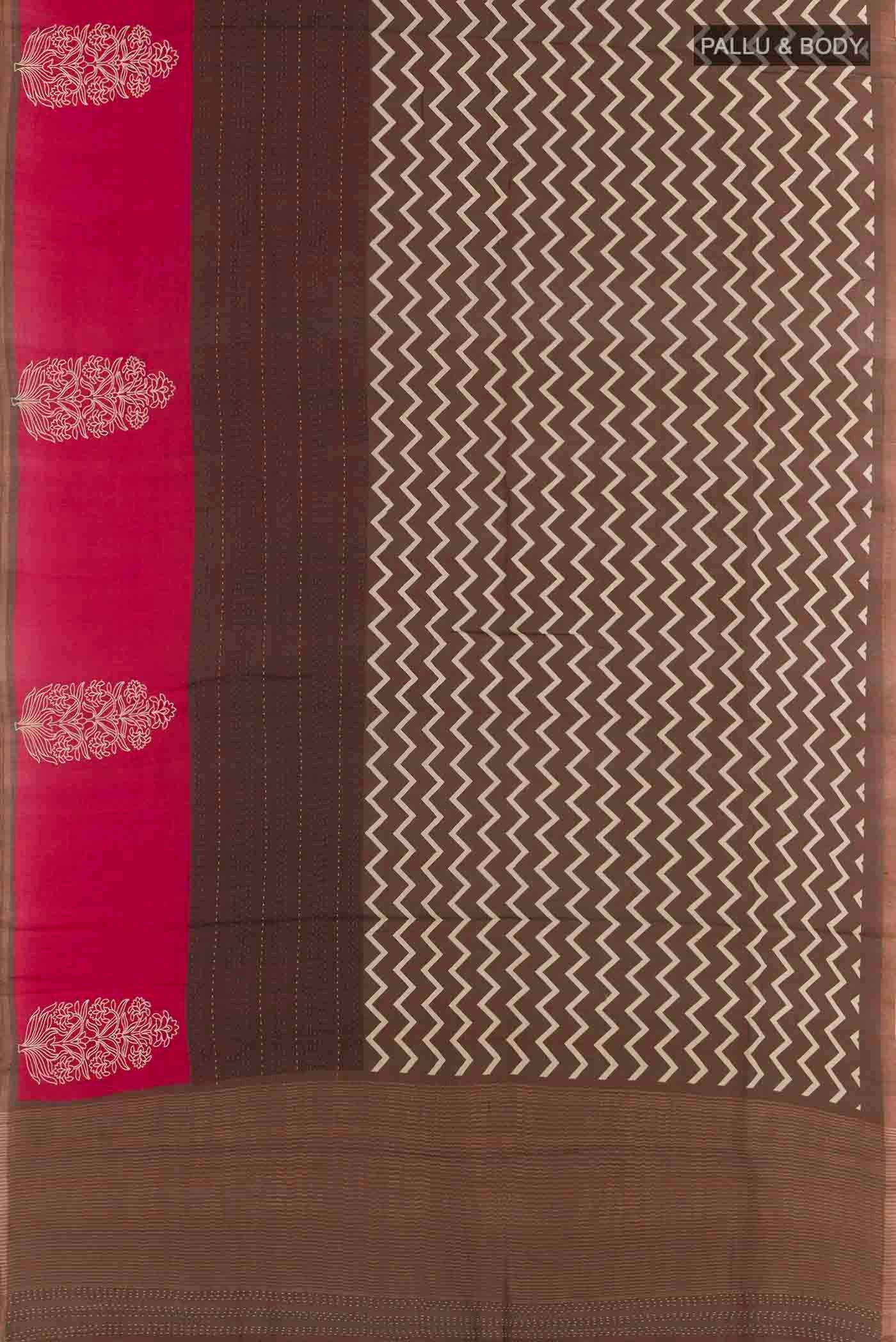 Flat view of Brown Tussar Silk Saree with Zig Zag design on the body and Zari Border