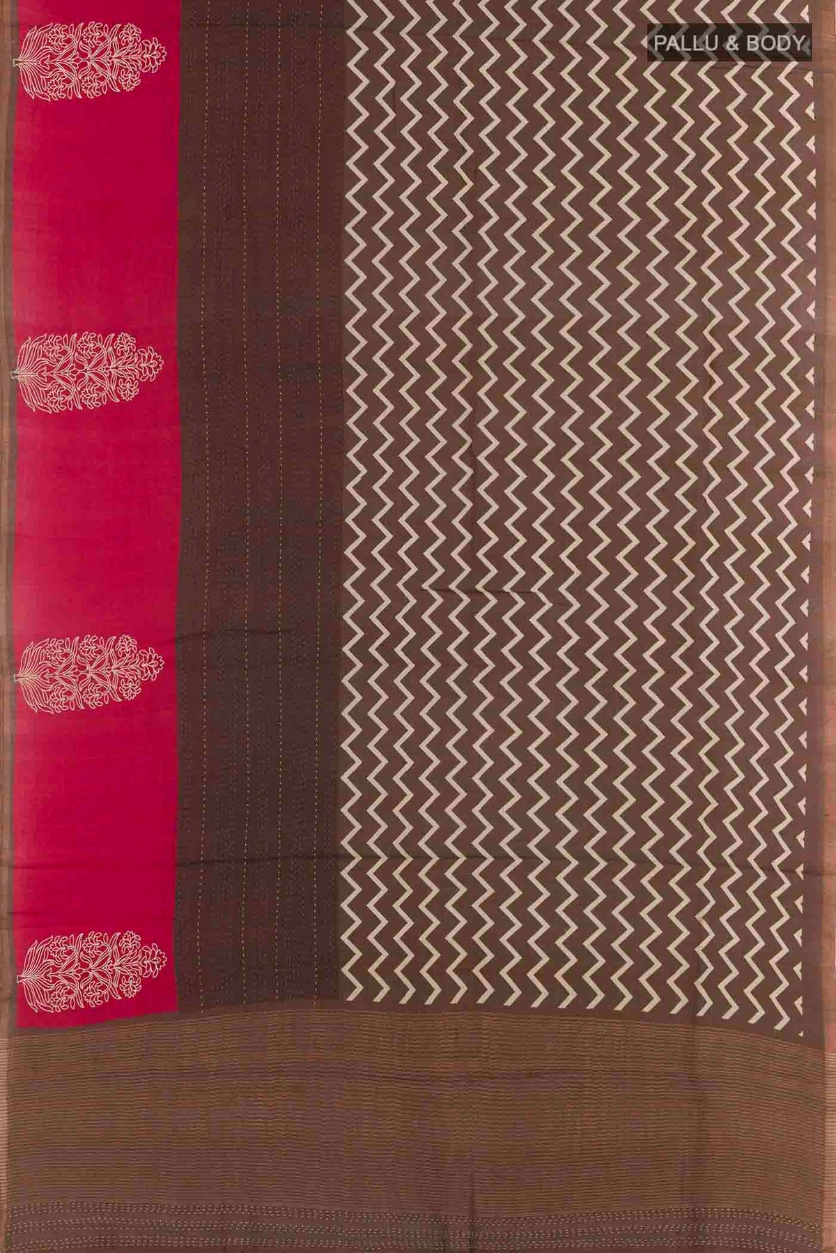 Flat view of Brown Tussar Silk Saree with Zig Zag design on the body and Zari Border