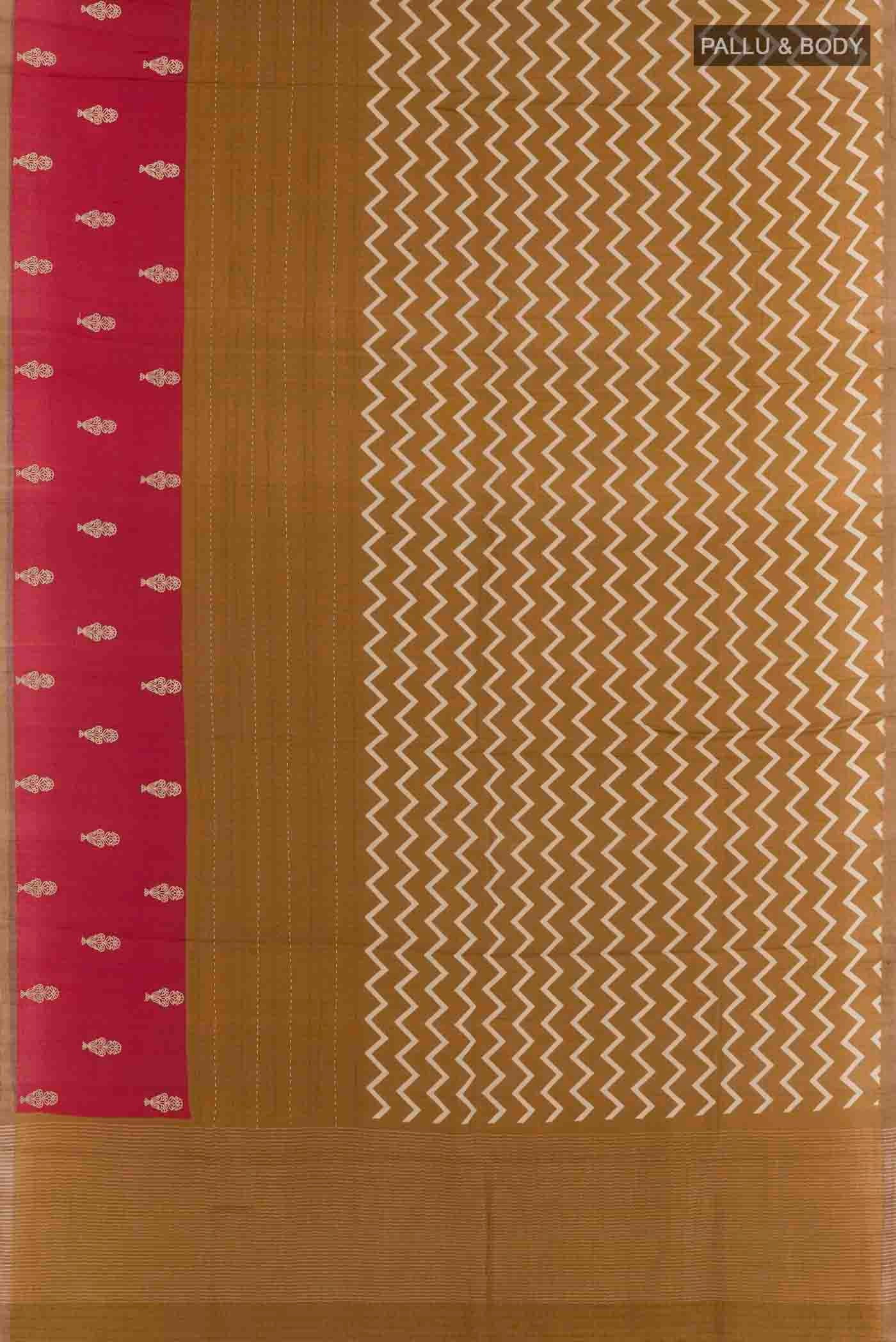 Flat view of Mustard Tussar Saree with Printed design on the body and Plain Border