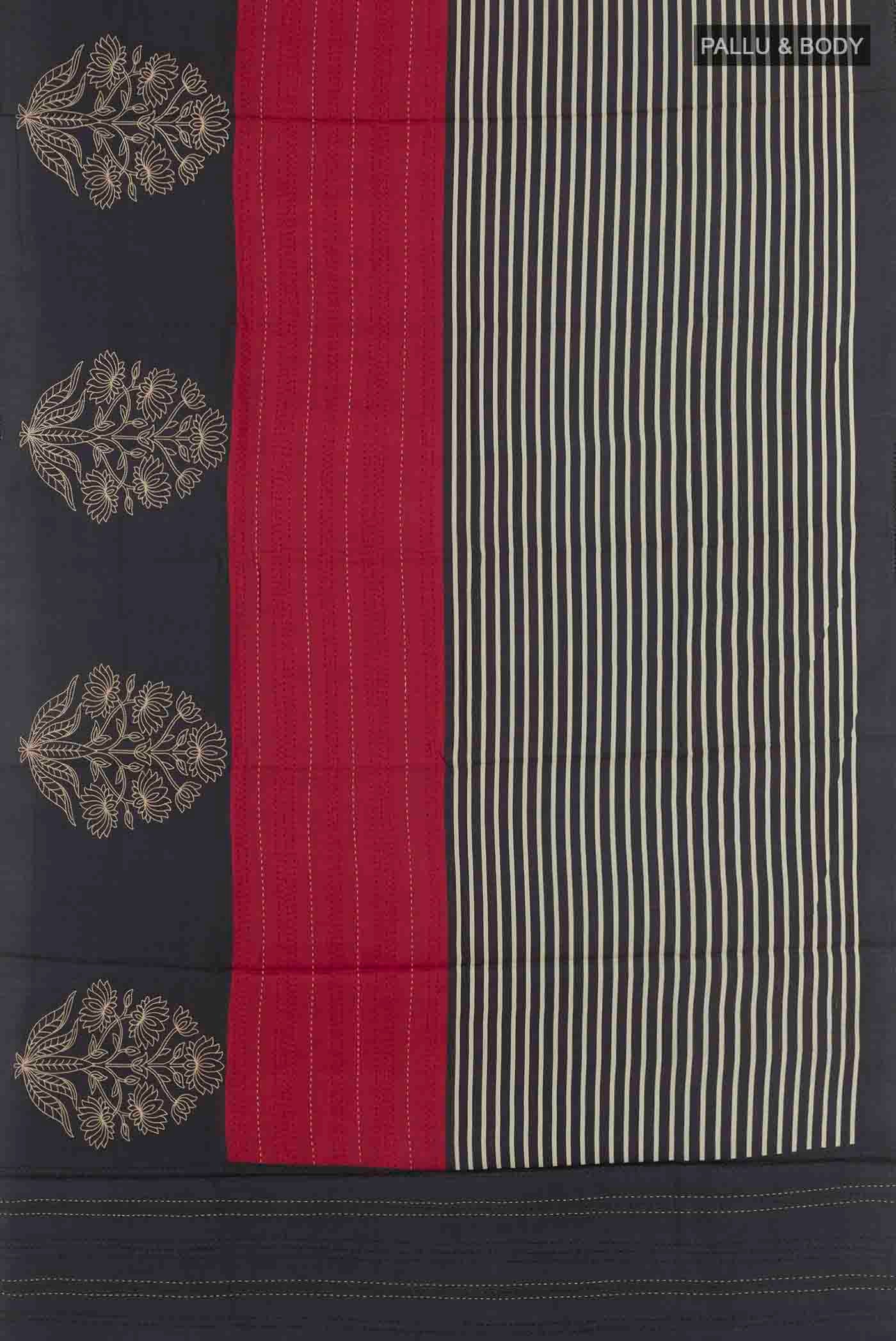 Flat view of Red Tussar Saree with Half And Half on the body and Zari Border