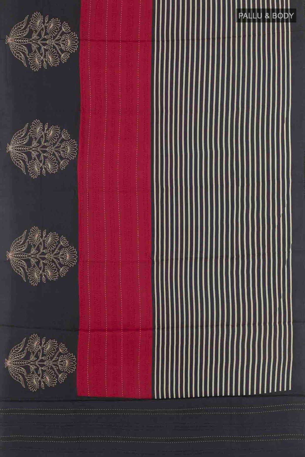 Flat view of Red Tussar Saree with Half And Half on the body and Zari Border