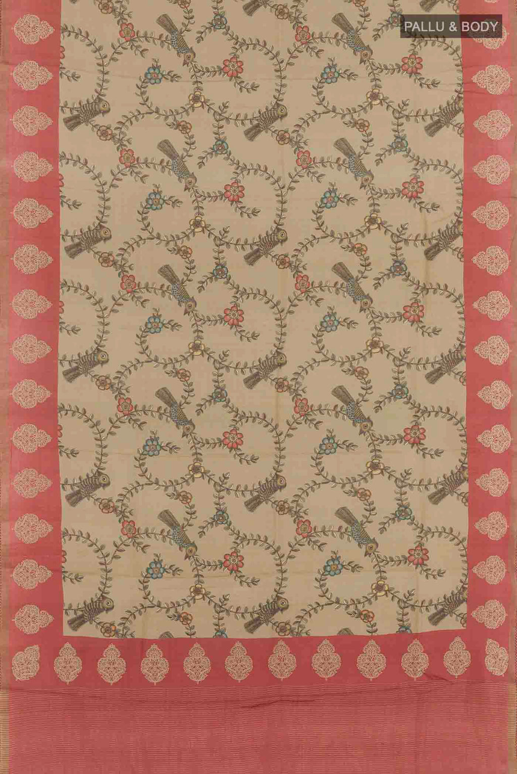 Flat view of Beige Tussar Silk Saree with Printed design on the body and Embroidery Border
