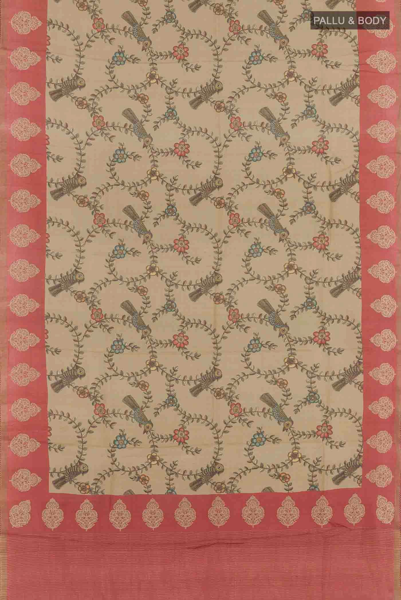 Flat view of Beige Tussar Silk Saree with Printed design on the body and Embroidery Border