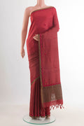 Maroon Tussar Silk Saree with Embroidery on the body and Embroidery Border displayed on a mannequin