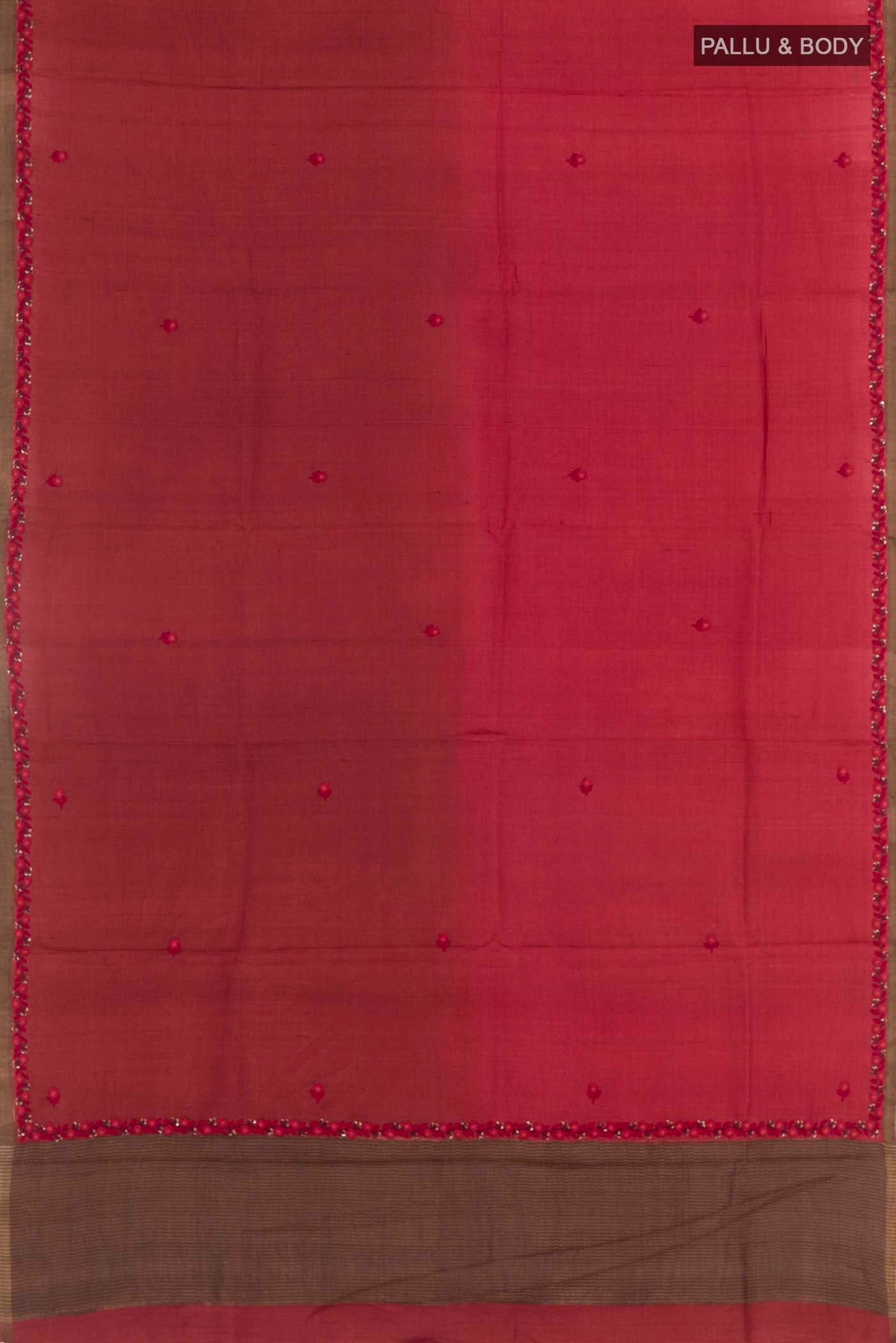 Flat view of Maroon Tussar Silk Saree with Embroidery on the body and Embroidery Border