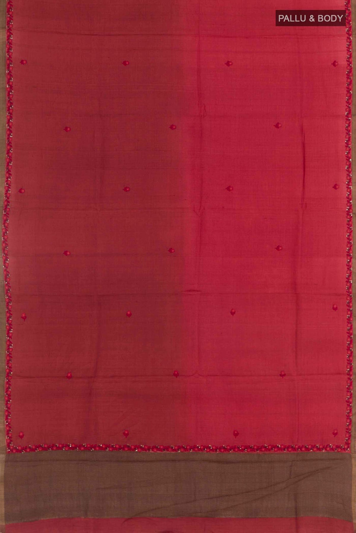 Flat view of Maroon Tussar Silk Saree with Embroidery on the body and Embroidery Border