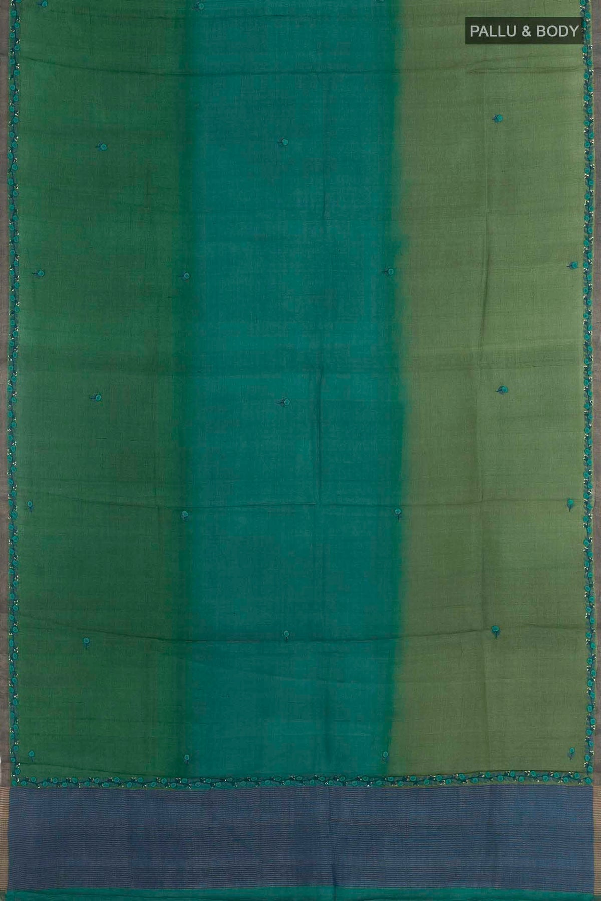 Flat view of Multi Color Tussar Silk Saree with Embroidery on the body and Zari Border