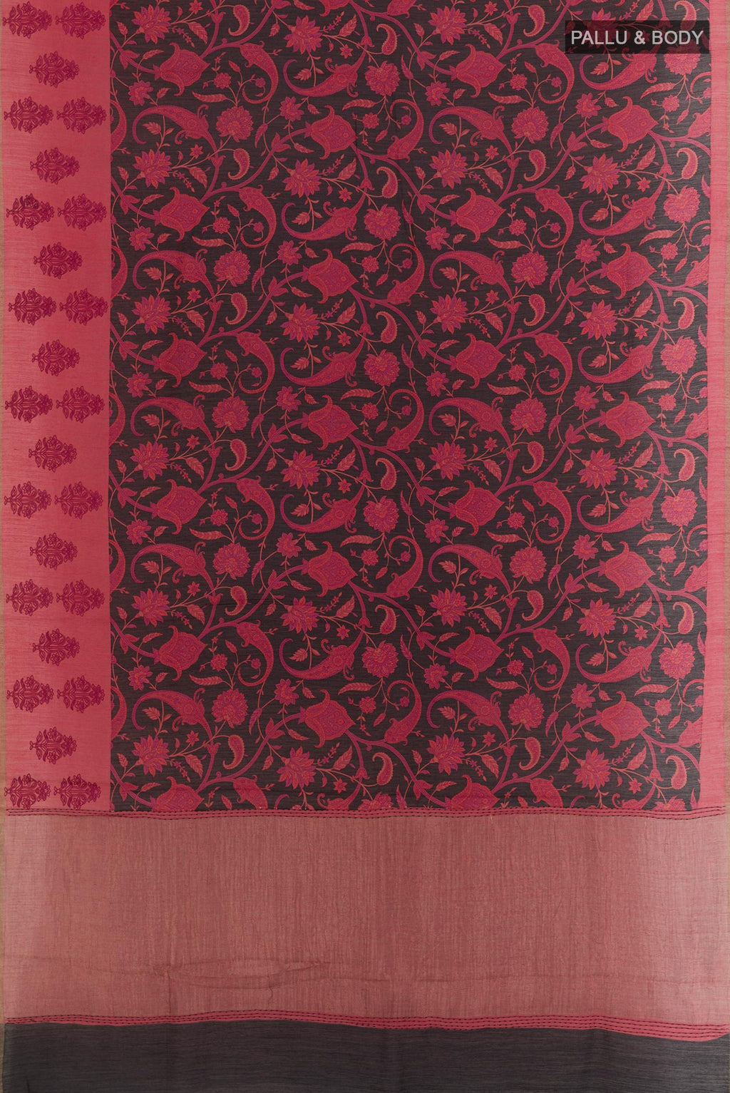 Flat view of Black Tussar Silk Saree with Printed design on the body and Zari Border. 
