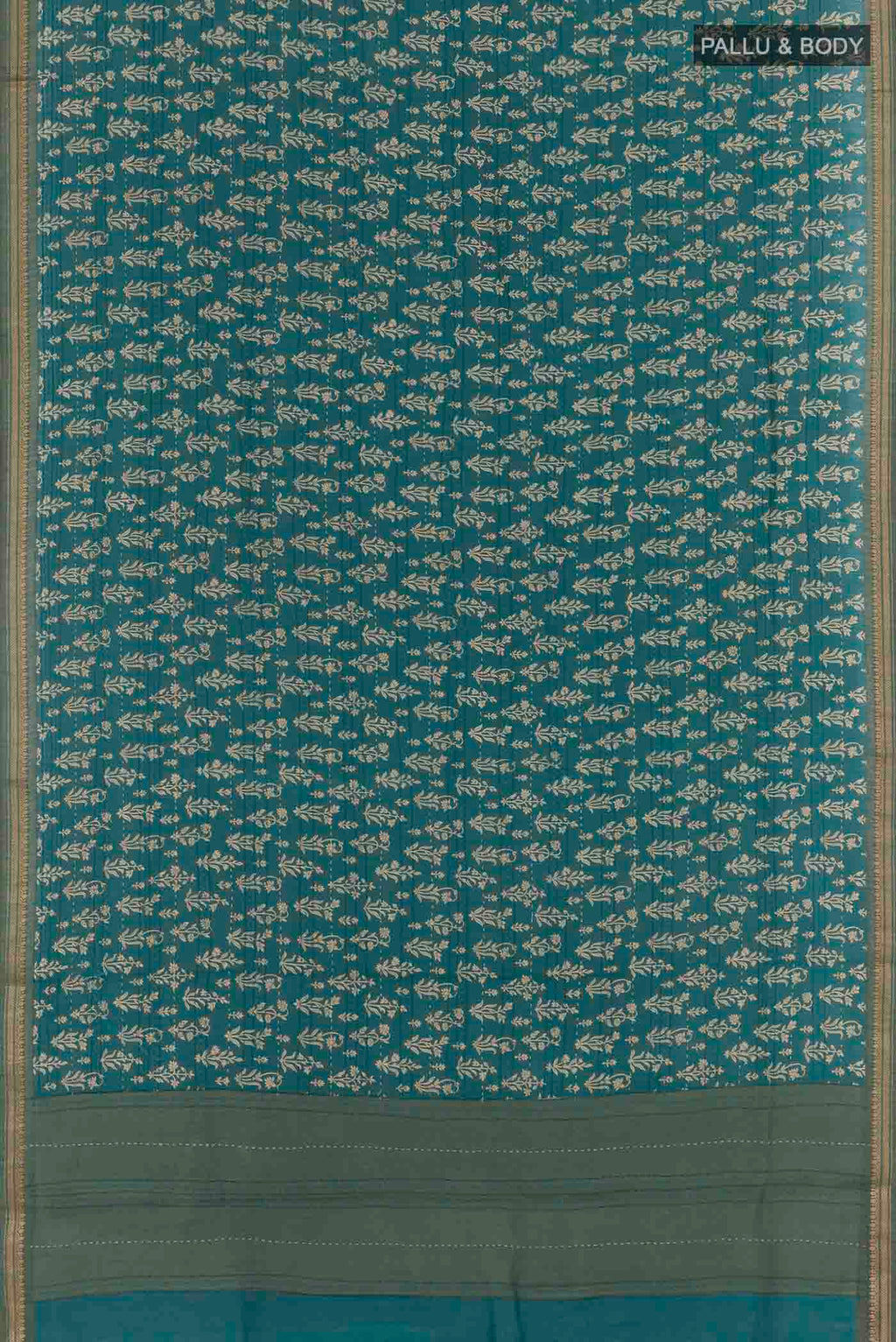 Flat view of Blue Tussar Silk Saree with Floral Print on the body and Zari Border