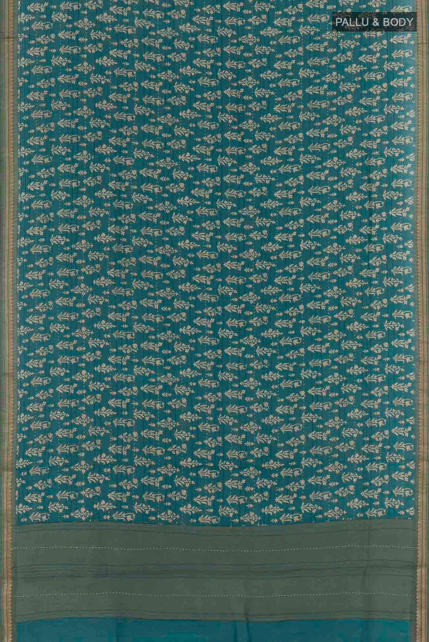 Flat view of Blue Tussar Silk Saree with Floral Print on the body and Zari Border