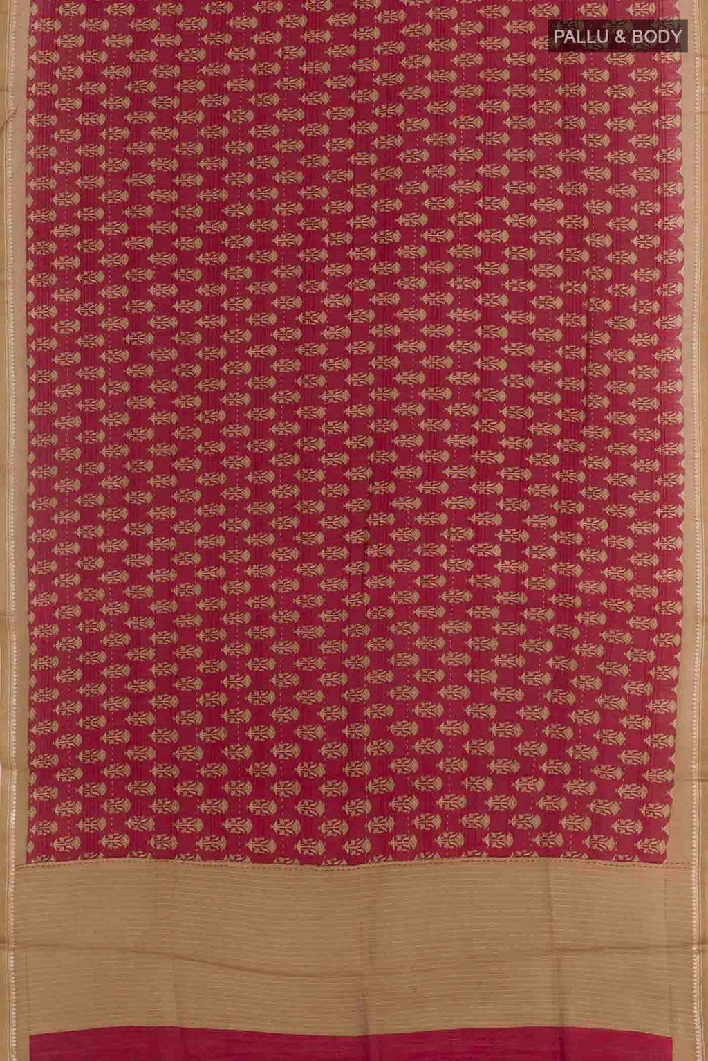Flat view of Maroon Tussar Silk Saree with Printed design on the body and Zari Border