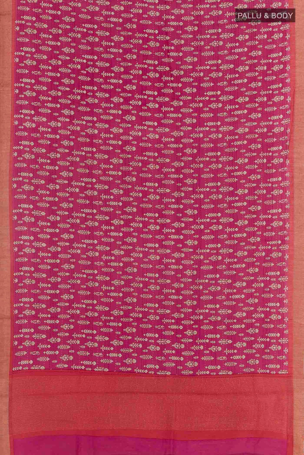Flat view of Pink Tussar Silk Saree with Printed design on the body and Zari Border