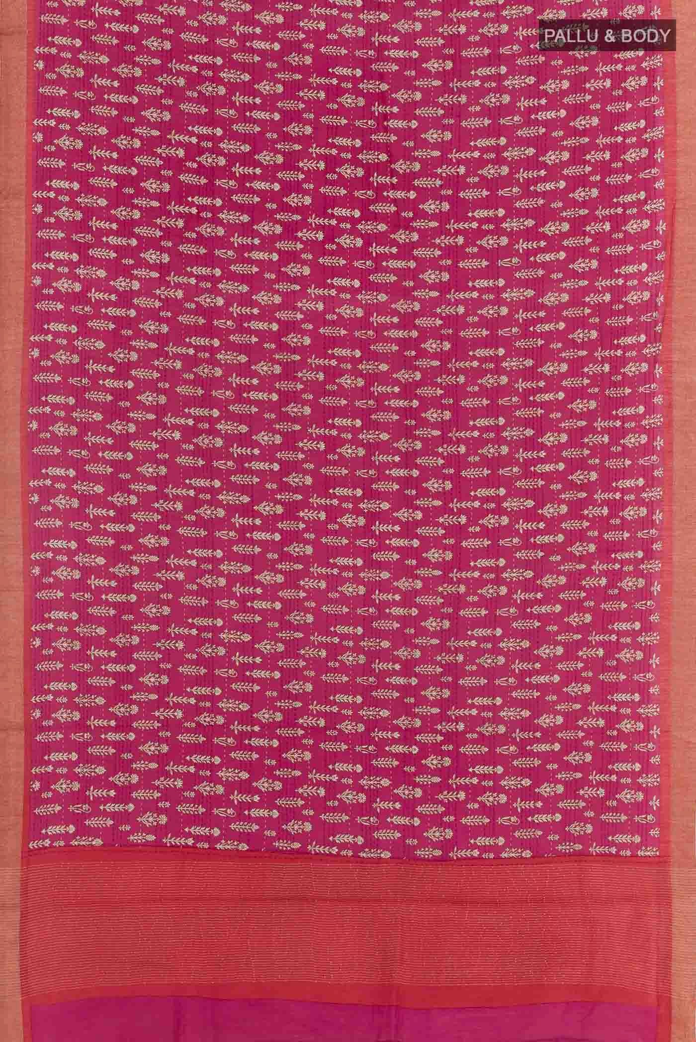 Flat view of Pink Tussar Silk Saree with Printed design on the body and Zari Border