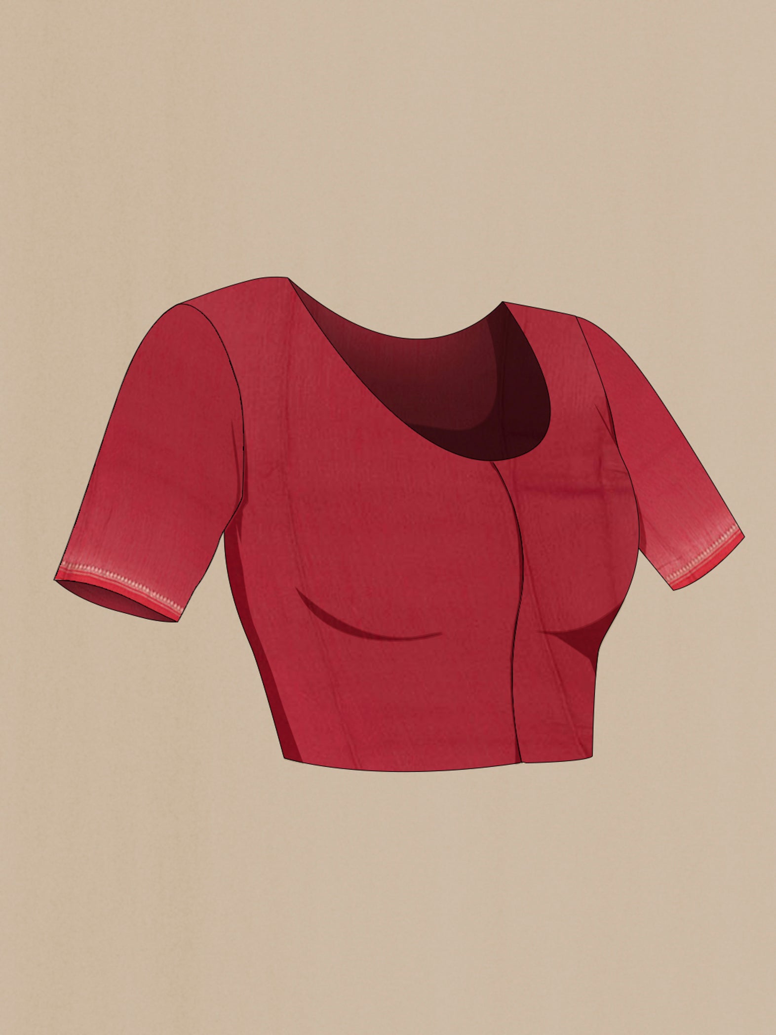 Close up image of the blouse of Magenta Tussar Saree with Printed design on the body and Zari Border. 