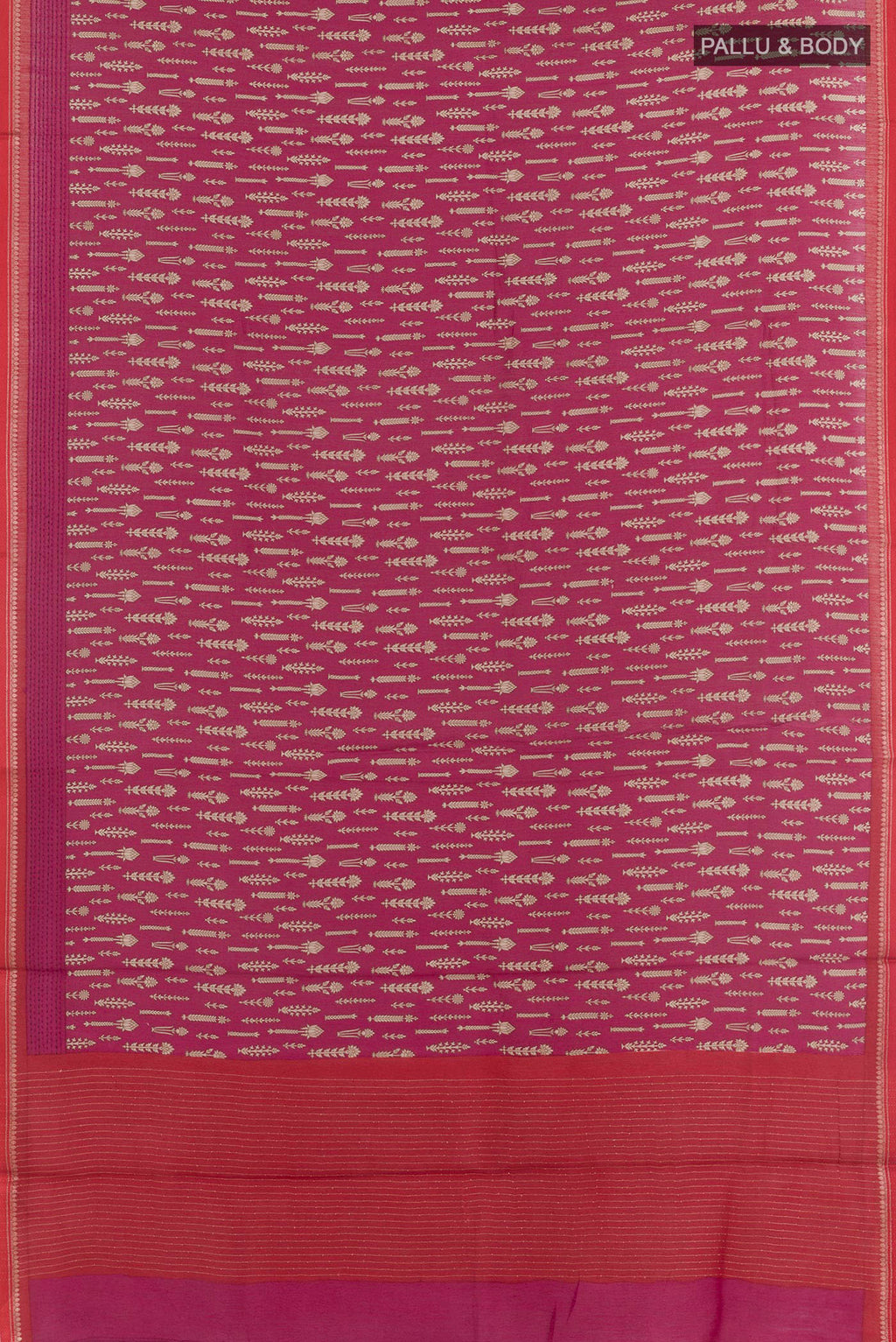 Flat view of Magenta Tussar Saree with Printed design on the body and Zari Border. 