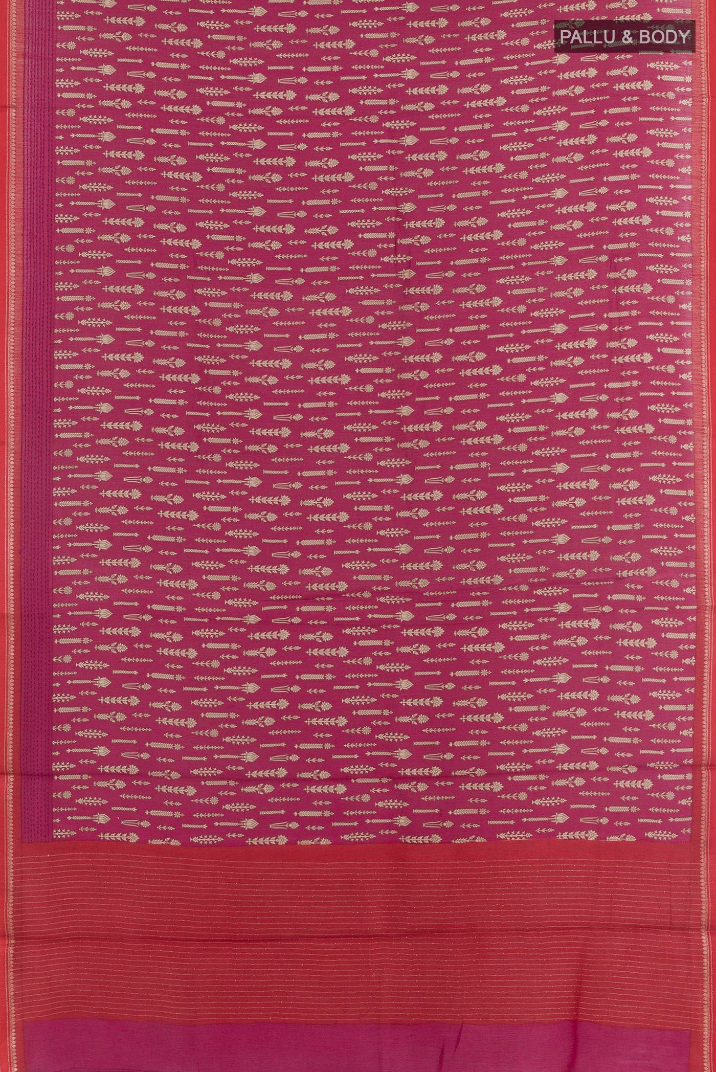 Flat view of Magenta Tussar Saree with Printed design on the body and Zari Border. 