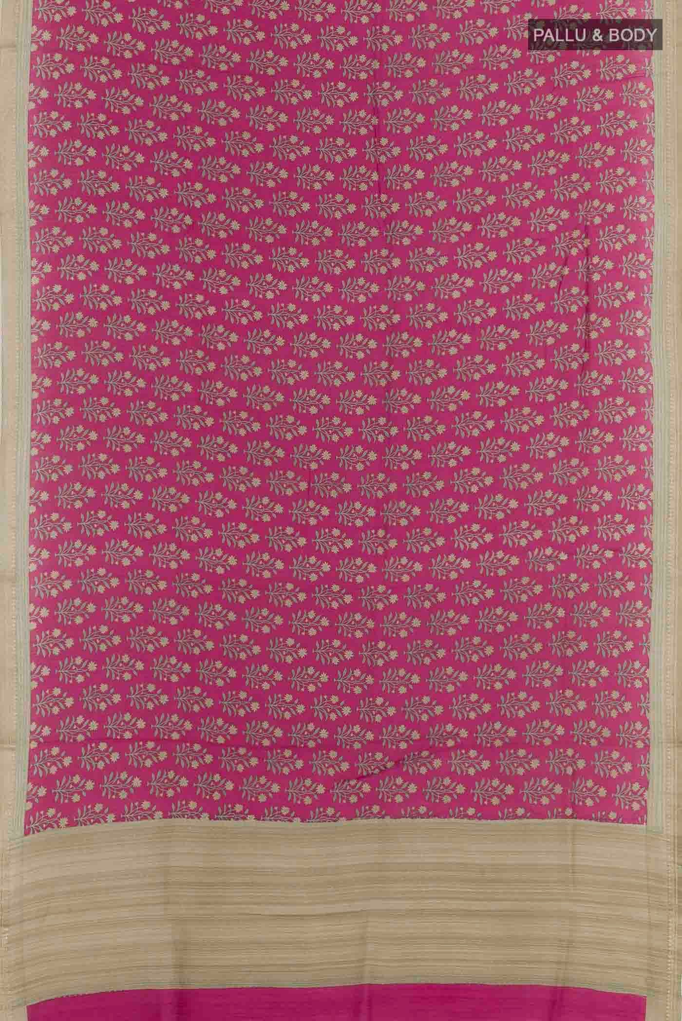 Flat view of Magenta Tussar Silk Saree with Printed design on the body and Zari Border