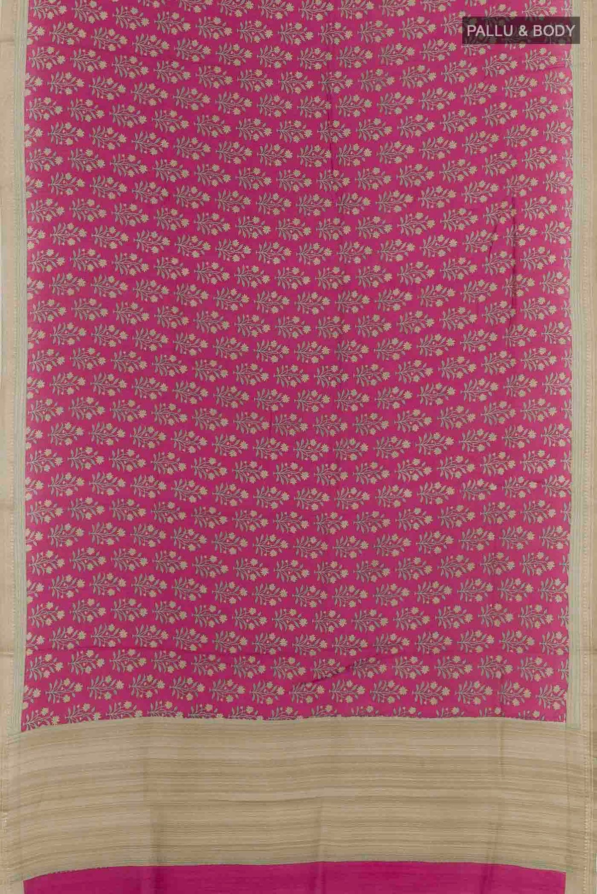 Flat view of Magenta Tussar Silk Saree with Printed design on the body and Zari Border