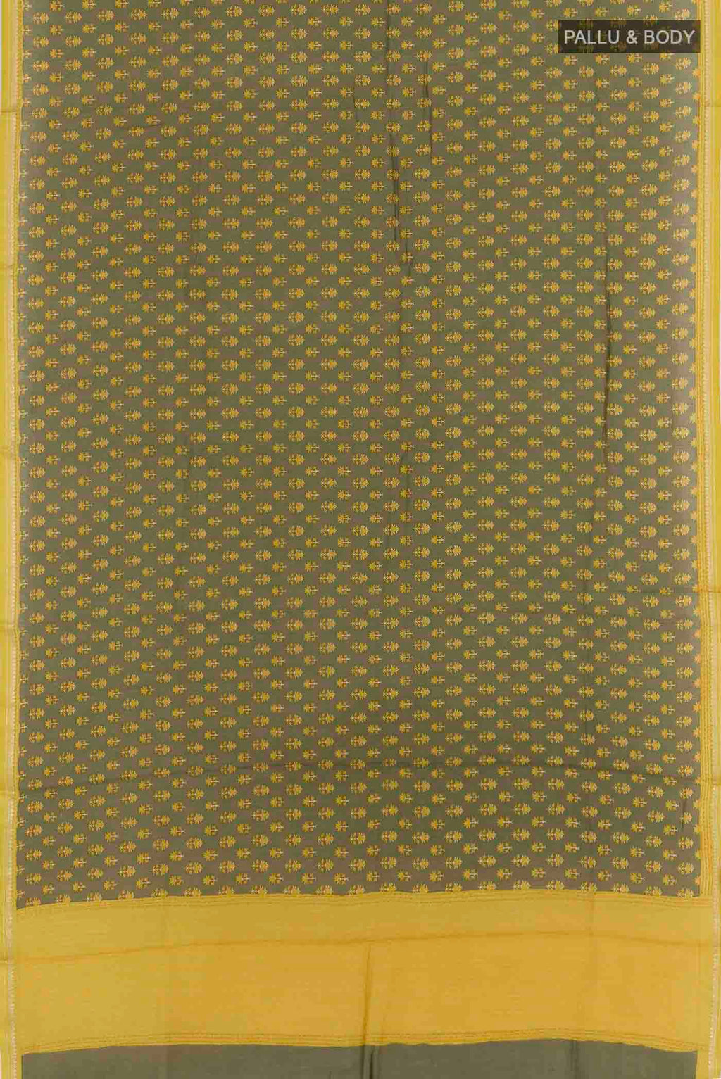 Flat view of Sage Green Tussar Silk Saree with Printed design on the body and Zari Border