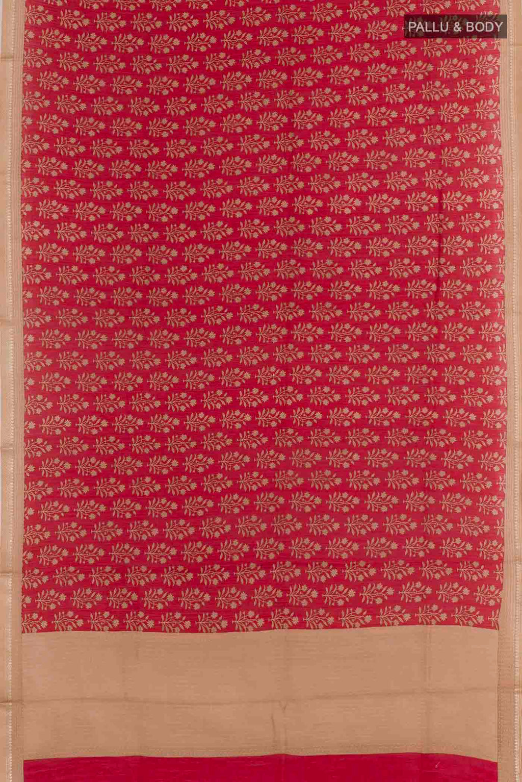 Flat view of Red Tussar Silk Saree with Printed design on the body and Zari Border