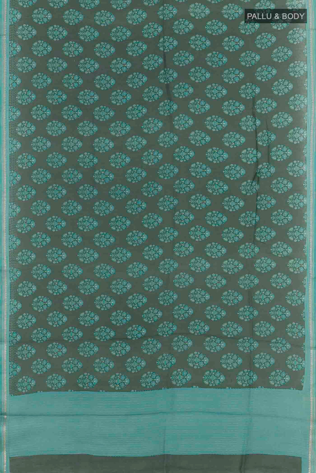 Flat view of Green Tussar Silk Saree with Floral Print on the body and Zari Border