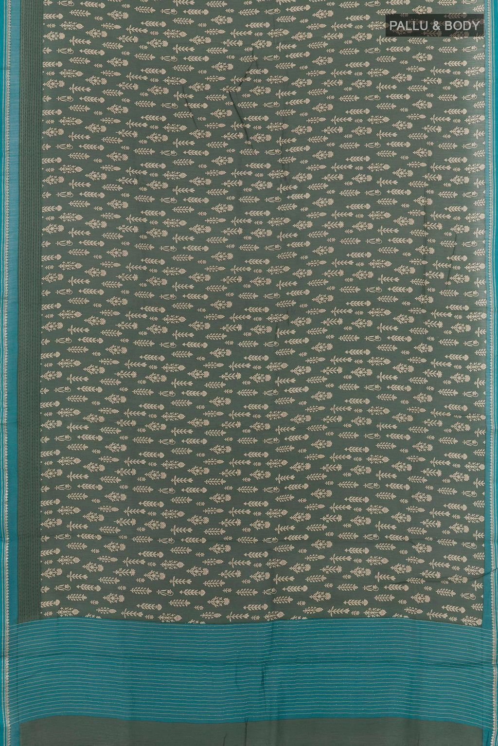 Flat view of Green Tussar Saree with Printed design on the body and Thread Embroidery Border. 