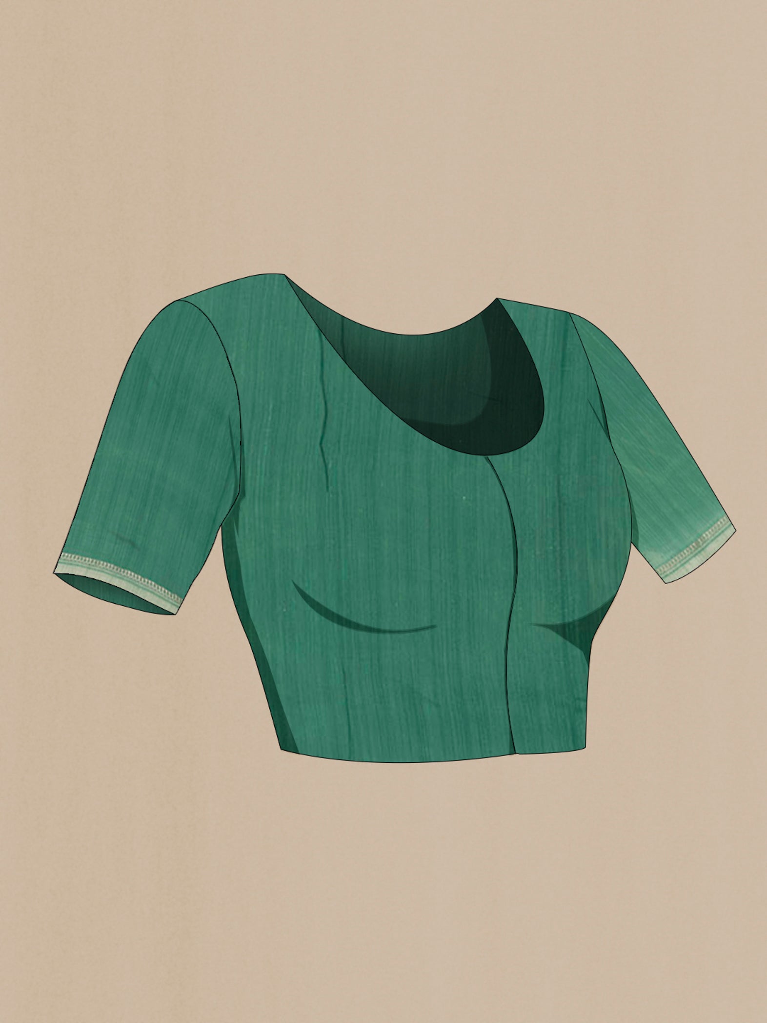 Close up image of the blouse of Mehandi Green Tussar Saree with Printed design on the body and Thread Embroidery Border. 