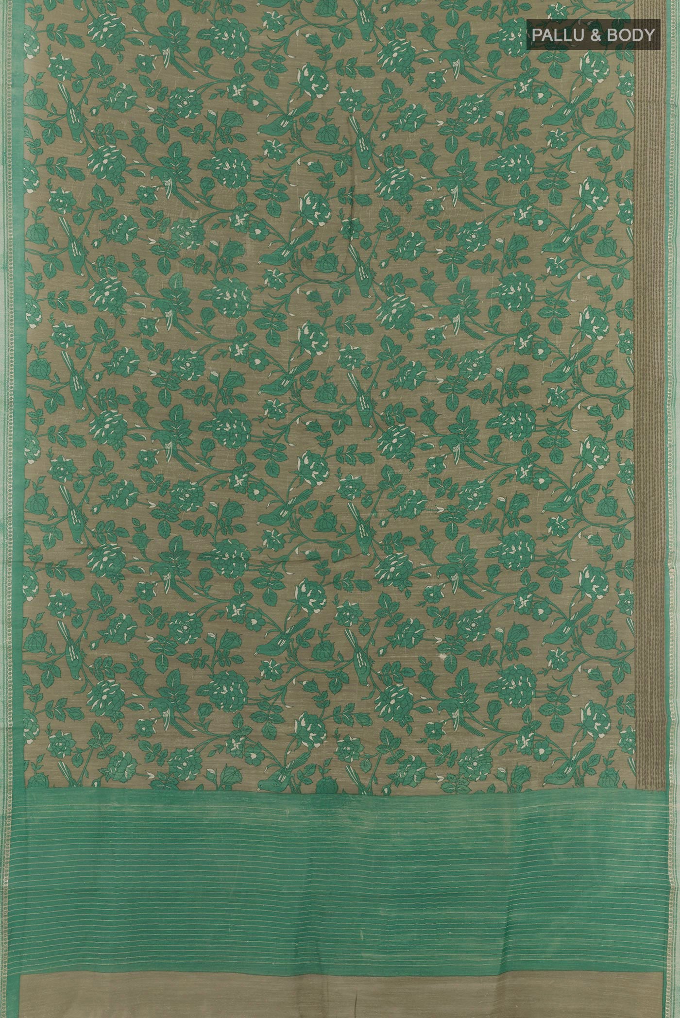 Flat view of Mehandi Green Tussar Saree with Printed design on the body and Thread Embroidery Border. 