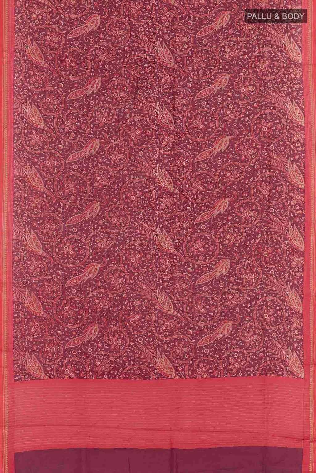Flat view of Purple Tussar Silk Saree with Printed design on the body and Zari Border