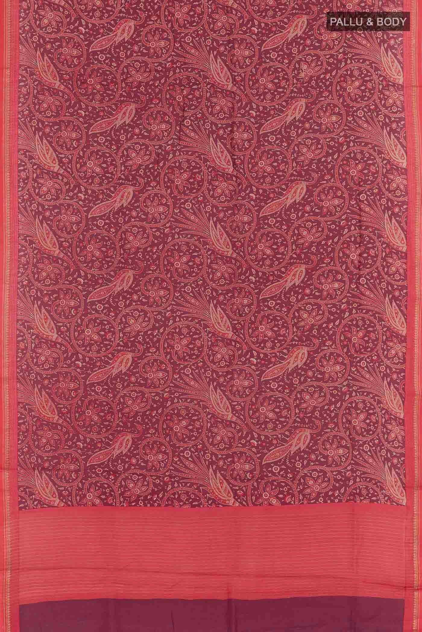 Flat view of Purple Tussar Silk Saree with Printed design on the body and Zari Border