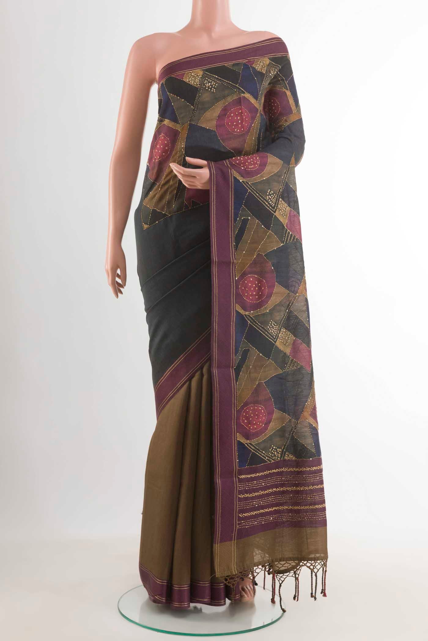 Multi Color Tussar Silk Saree with Half And Half on the body and Plain Border displayed on a mannequin