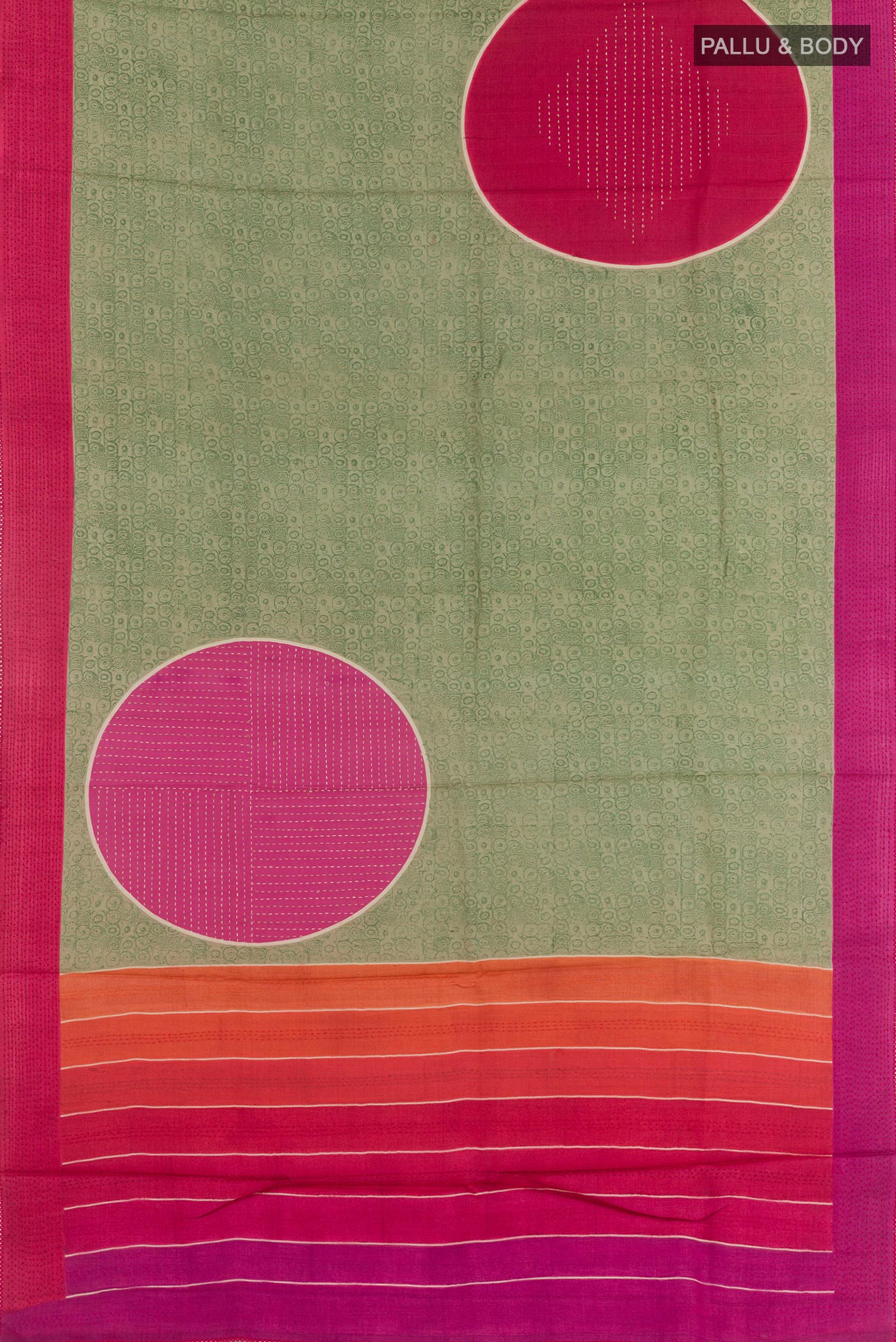 Flat view of Green Tussar Saree with Printed design on the body and Embroidery Border. 