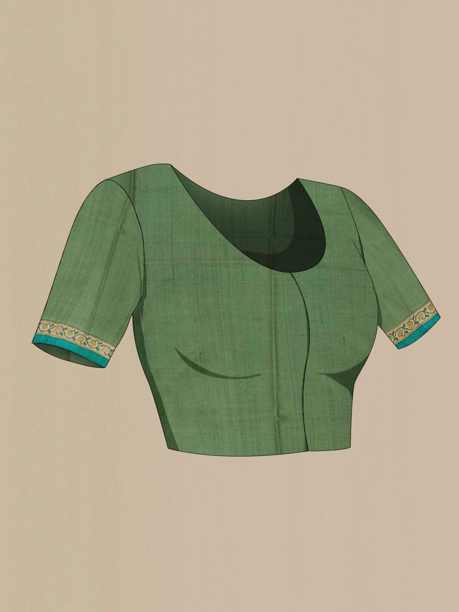 Close up image of the blouse of Green Tussar Saree with Plain Body and Printed Border