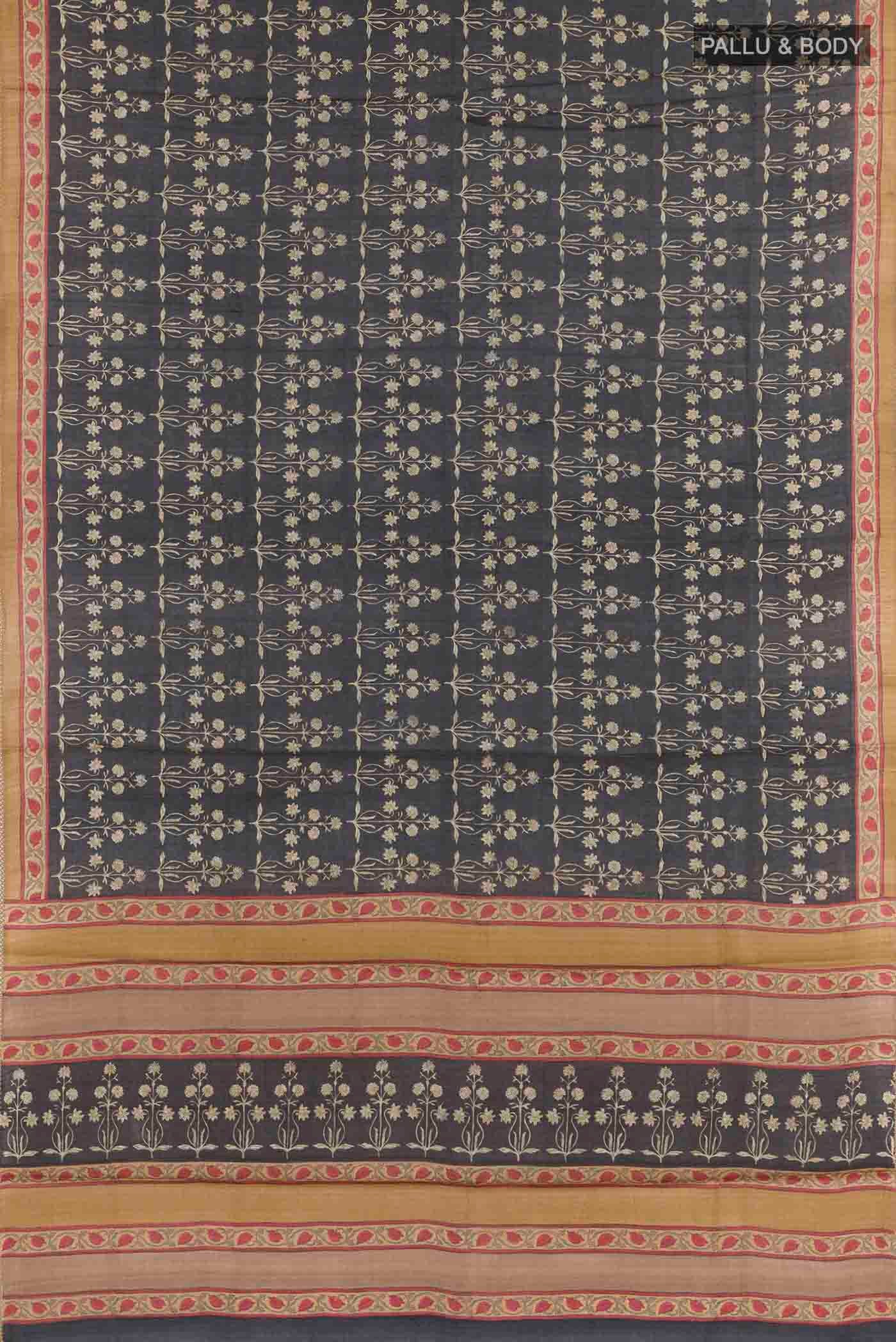 Flat view of Dark Blue Tussar Saree with Printed design on the body and Printed Border