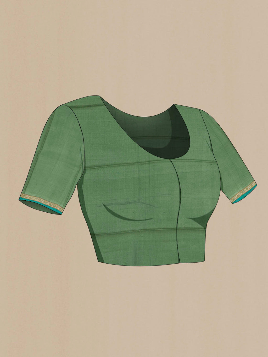 Close up image of the blouse of Green Tussar Saree with Printed design on the body and Printed Border. 