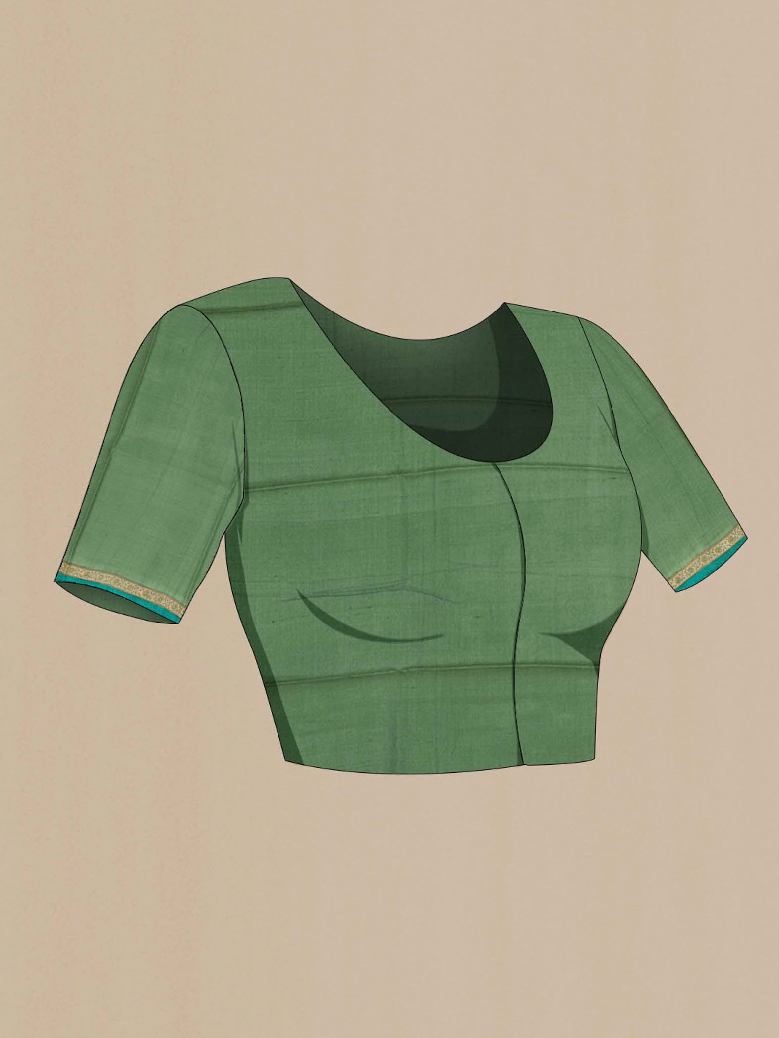 Close up image of the blouse of Green Tussar Saree with Printed design on the body and Printed Border. 