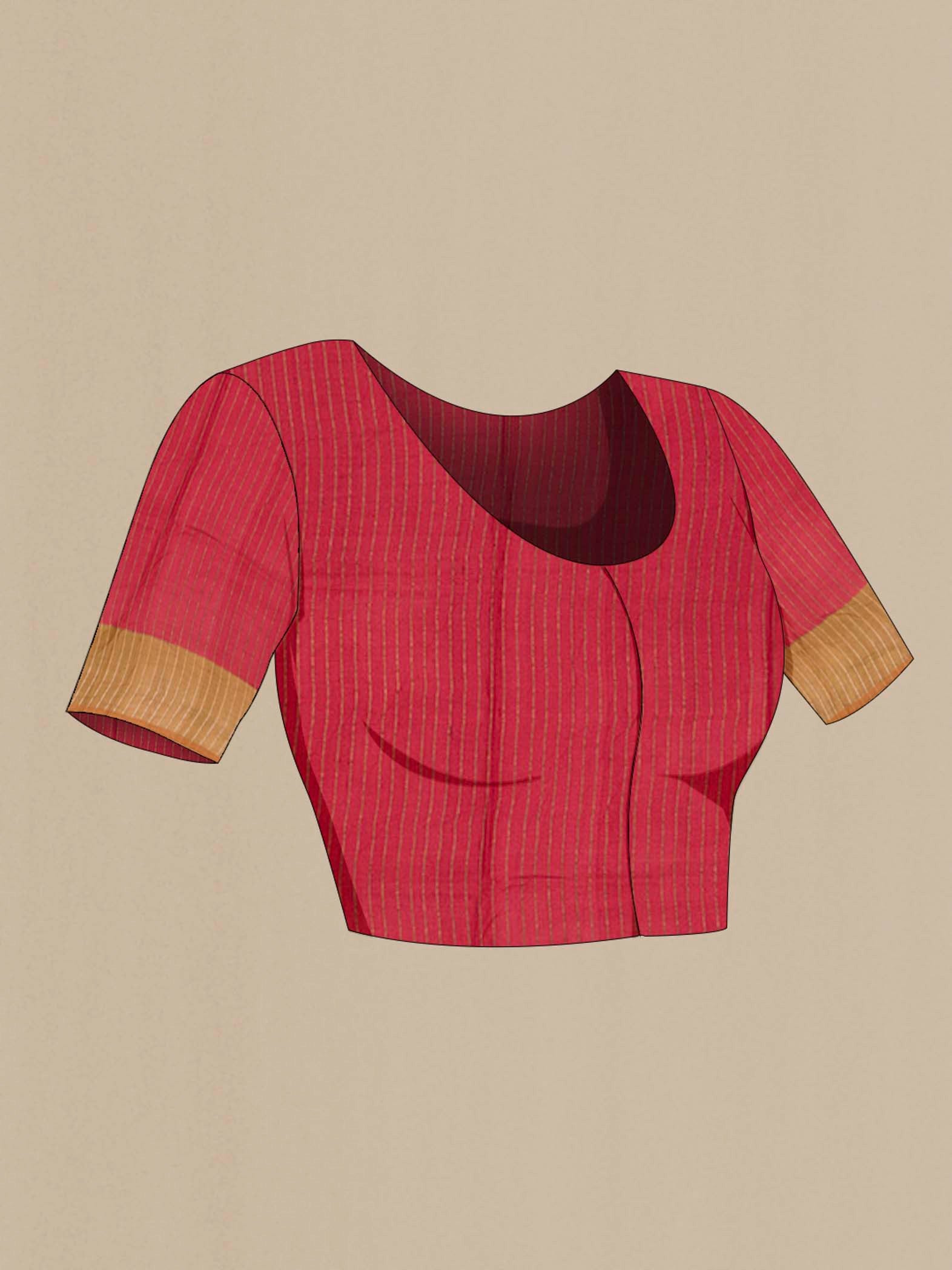 Close up image of the blouse of Red Tussar Saree with Plain Body and Plain Border